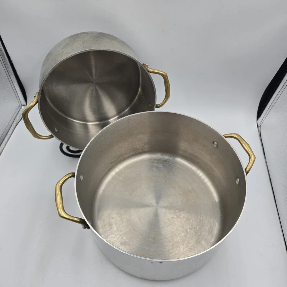 Set of 2 Vtg Atlas Metal Spinning Stainless Steel Stock Pots Brass Handle No Lid